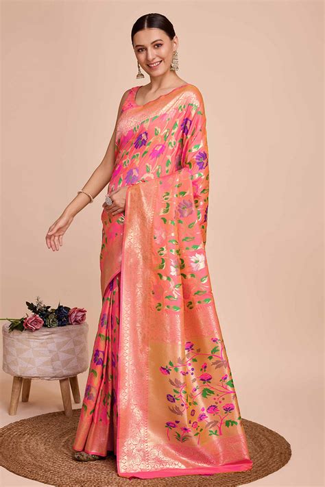 Peach Floral Zari Weaving Pure Silk Paithani Saree