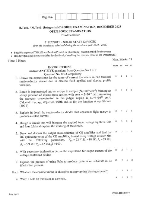21ECC201T - Dec 2023 Solid State Devices Question Paper - Studocu