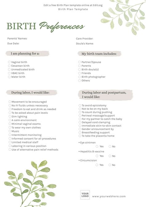 Free Birth Plan Templates