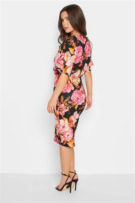 Petite Black Floral Wrap Midi Dress | PixieGirl