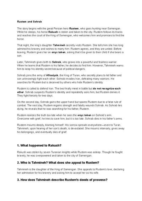 Rustem and Sohrab - Epic Tragedy Analysis Notes - Studocu