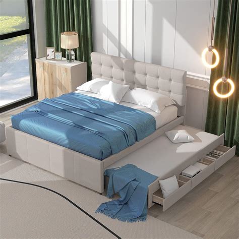 Moimhear Letto imbottito, 140 x 200 cm, letto matrimoniale, letto matrimoniale con tre cassetti ...