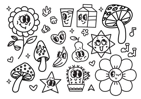 Black and white linear coloring page. Funny retro cartoon characters ...