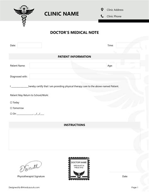 Formal Physical Therapy Excuse Note Template - WordLayouts