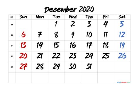 December 2020 Calendar - Free Printable Template