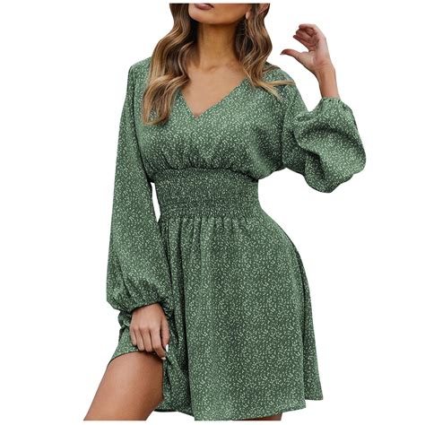 Nxznwn Women's Floral Boho Dress Fall Casual Long Sleeve Dresses V Neck ...