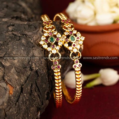 Gold Plated American Diamond Kada Bangles with Floral Motifs – Sasitrends