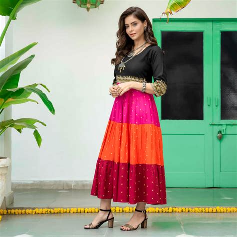 Buy Black Multicoloured Tiered Dress with Polka Prints & Gota Details ...