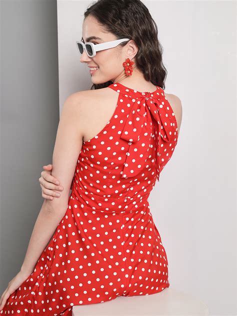 Women Halter Neck Printed Culotte Jumpsuit with Ruffles Red Polka