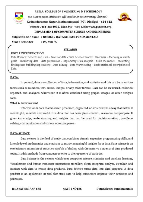 DSF - UNIT I Notes - P.S.N. COLLEGE OF ENGINEERING & TECHNOLOGY (An ...