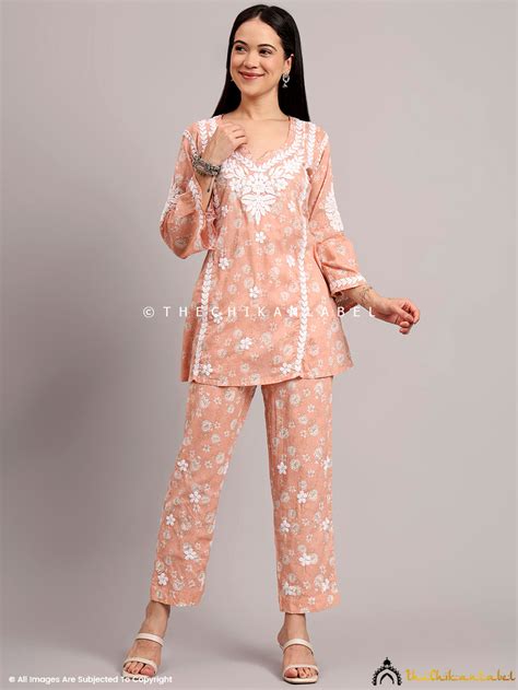 Peach Mulmul Cotton Printed Co-ord Set | Trending Chikankari