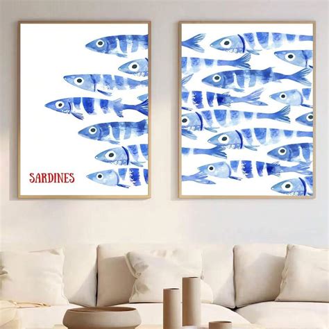2 Pieces Sardine Dash Set, Blue Watercolor Fish Print, Sardine Poster ...