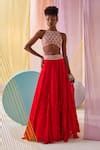 Buy Red Silk, Georgette Beads, Damask Embroidered Crop Top With Ruffled ...