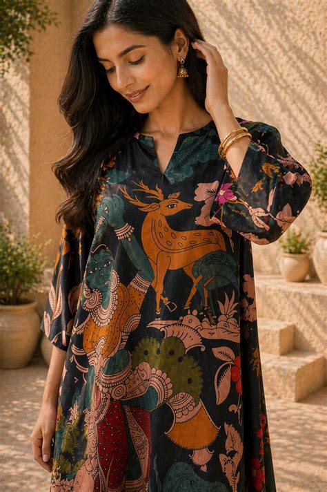 Chitra Kalamkari Print Kurta & Relaxed Pants Set (Black & Multi-Colore ...