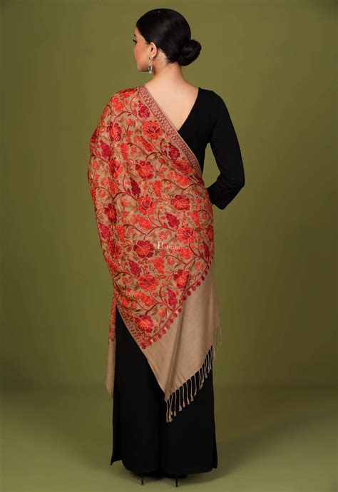 Pashtush Womens Aari Embroidery Stole Pervian Roses, Gulaabdar Beige ...