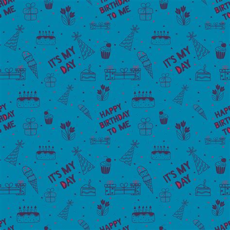 Birthday hand drawn outline seamless minimalistic pattern on blue background. Happy birthday to ...