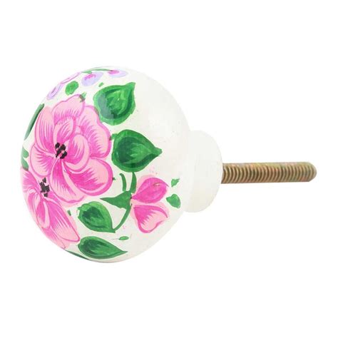 Pink Rose Flower Hand Painted Kashmiri Indian Papier Wooden Cabinet Knobs