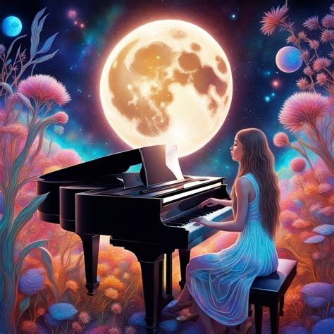 a beautiful girl plays the piano and the moon shines above in a space garden 8k resolution ...