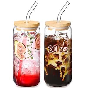 VITEVER 20 OZ Glass Cups with Bamboo Lids and Glass Straw - Beer Can ...