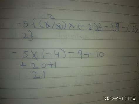 On simplify -5{(6/3)*(-2)}-{9-(-5)*2} is equal to please tell fast ...