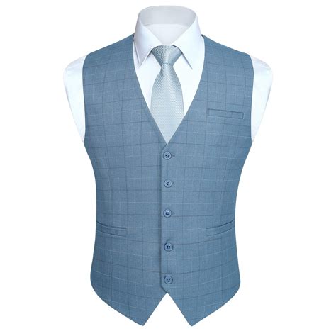 HISDERN Men's Plaid Suit Vest Sky Blue Business Formal Dress Vests ...