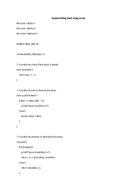 Implementing Stack Using Arrays in C - MAX_SIZE 10 - Studocu