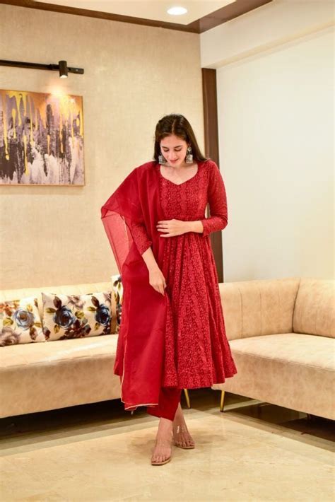 Georgette Chikankari Work Red Anarkali Dress – Ethenika.com