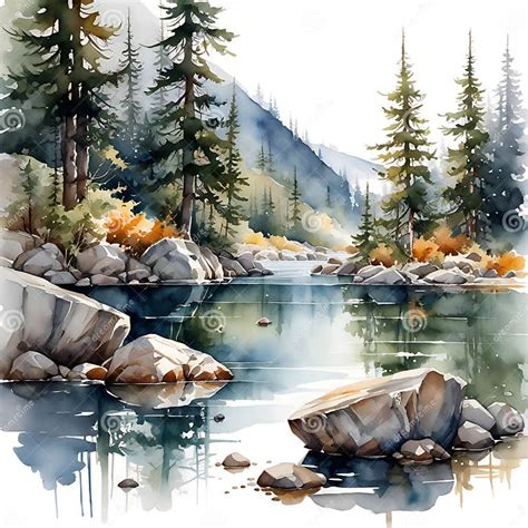 Landscape in the Forest Near the River. Watercolor Drawing Stock ...