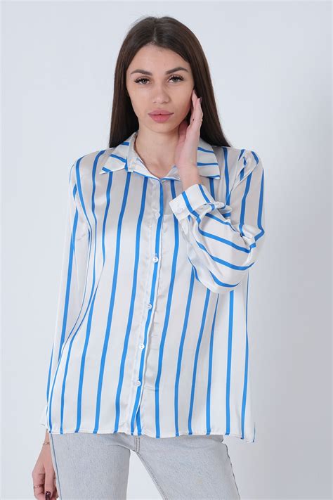 Saks Çizgili Saten Gömlek - Ardanewline | ElbiseBul