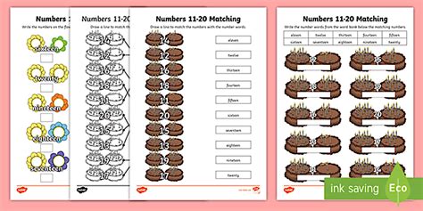 Numbers 11 to 20 Matching Words and Digits Worksheets