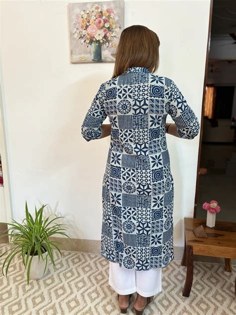 White and Blue Multi Print Collar Kurta – BaSaKa