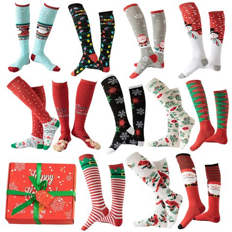 Gilbin 12 Pair Knee High Christmas Socks, Festive Designs Size 9-11 ...