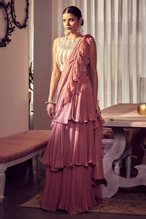 Earthy Pink Gold Foil Printed Three Layered Saree – Bhumika Sharma