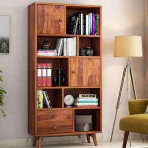 FURINNO Sheesham Wood Book Shelf with Cabinet Bookcase Books Display ...