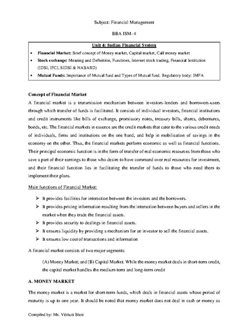 Unit 4 Indian Financial System Vibhuti Bhoi - Subject: Financial ...