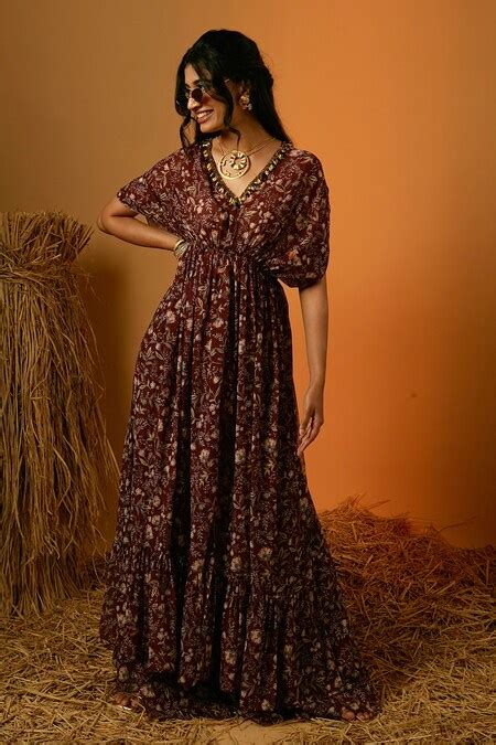 Buy Maroon Polyester Beads, Sequins V-neck Flower Print Kaftan And ...