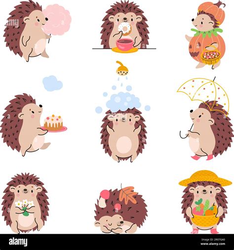 Cartoon hedgehogs stand and play. Hedgehog sleep, eating sweets and ...