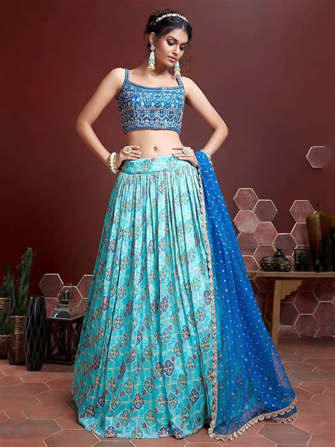 ⚡️Buy Lovely Sky Blue Chinon Digital Print Mirror Party Wear Lehenga ...