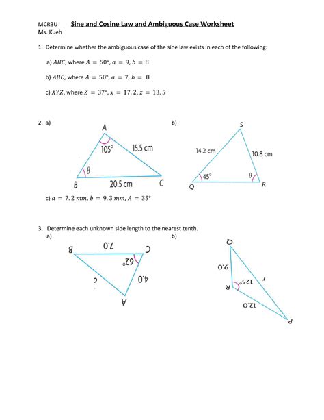 Sine Cosine Ambiguous Case Worksheet - MCR3U Sine and Cosine Law and ...