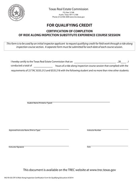 Fillable Online trec state tx CERTIFICATION OF COMPLETIONOF RIDE ALONG ...