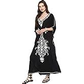 CRAFTBAZAR Women's Boho Embroidered Black Rayon Kaftan Top (Free Size ...