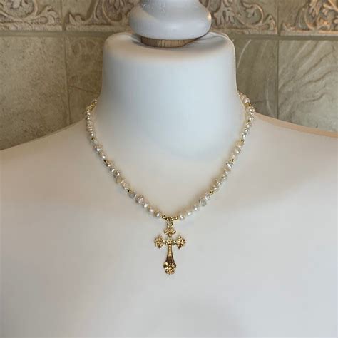 18K Gold Freshwater Natural Pearl Gold Beaded Cross Pendant, Gold Cross ...