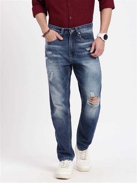 SHOWOFF Men's Blue Regular Fit Cropped Denim Jeans