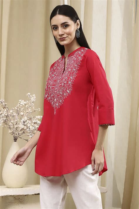 Buy Raspberry Embroidered Straight Short Kurta Online at Biba India