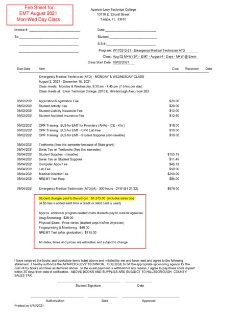 Fillable Online Fee Sheet for: EMT August 2021 Mon/Wed Day Class Fax ...