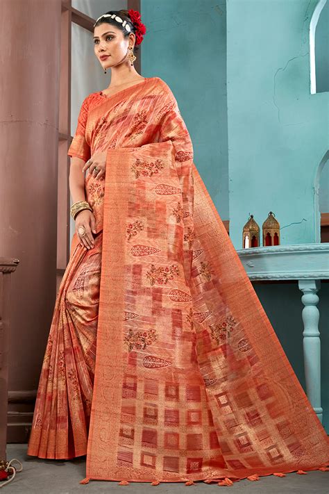 Buy Dark Orange Cotton Linen Saree 97448 Online | Karagiri