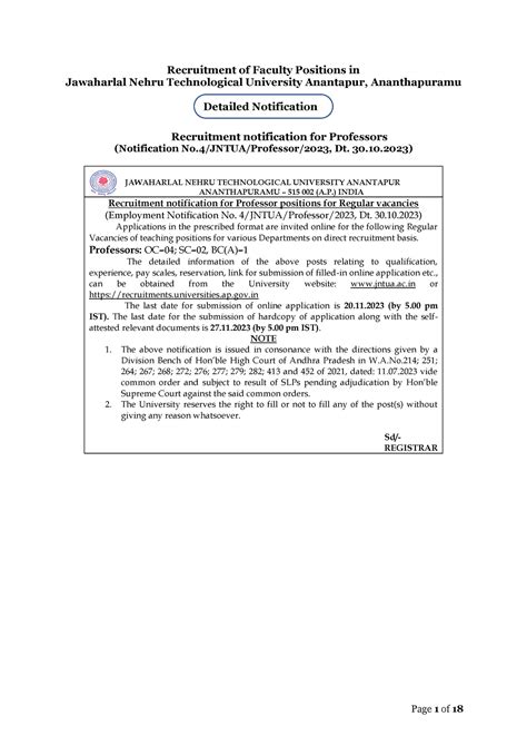 Jntua Detailed Notification No 4 Professors - Recruitment of Faculty ...