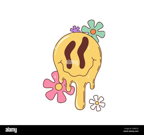 Retro groovy melting face character. Isolated cartoon vector hippie melt smile with daisy ...