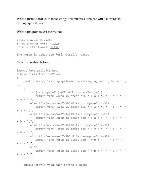 Return Sentence - Write a method that takes three strings and returns a ...