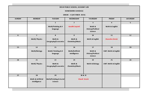 Grade X Homework Schedule OCT 2024 - DELHI PUBLIC SCHOOL, SUSHANT LOK ...